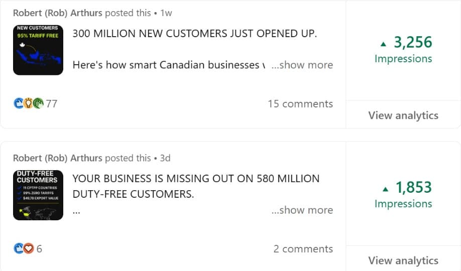 Rob Arthurs' top performing LinkedIn posts, both about trade and export topics, with 3,256 and 1,853 impressions